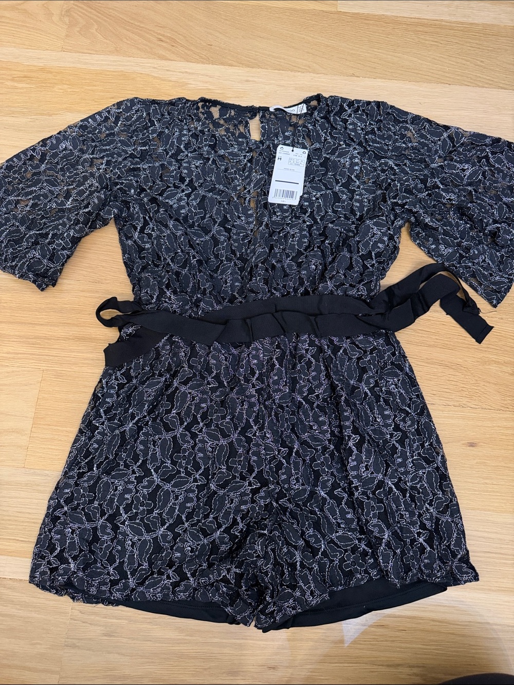 Mango Black Lace Romper with Waist Tie